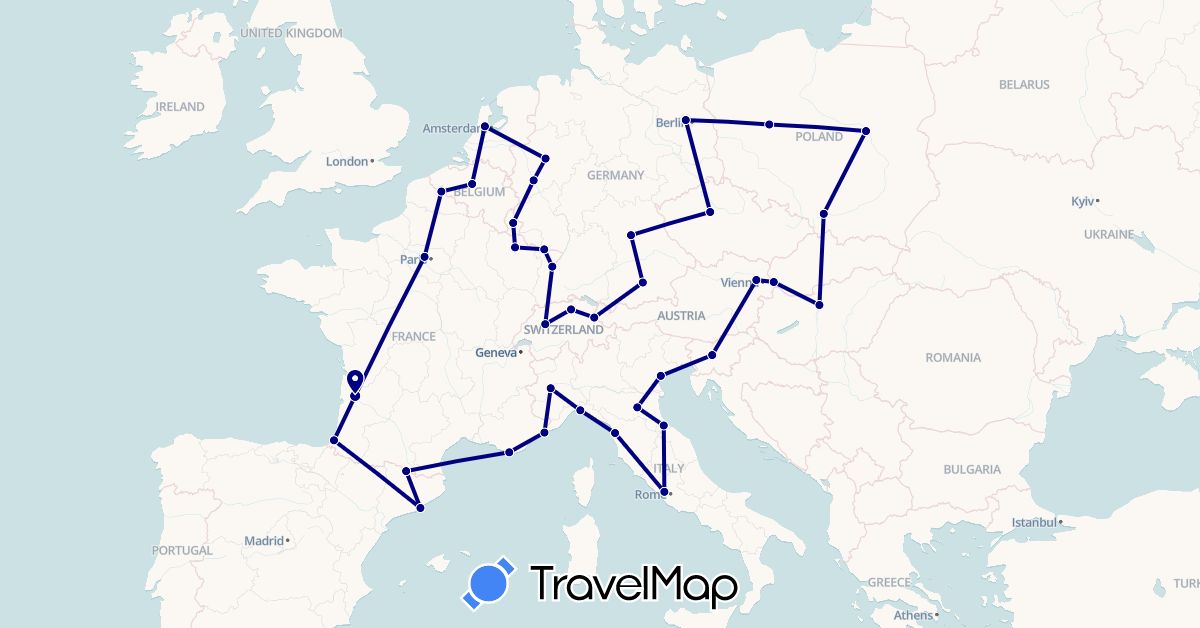 TravelMap itinerary: driving in Andorra, Austria, Belgium, Switzerland, Czech Republic, Germany, Spain, France, Hungary, Italy, Liechtenstein, Luxembourg, Monaco, Netherlands, Poland, Slovenia, Slovakia, San Marino (Europe)